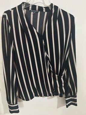 Adrianna Papell Black & White Vertical Stripe Wrap Blouse